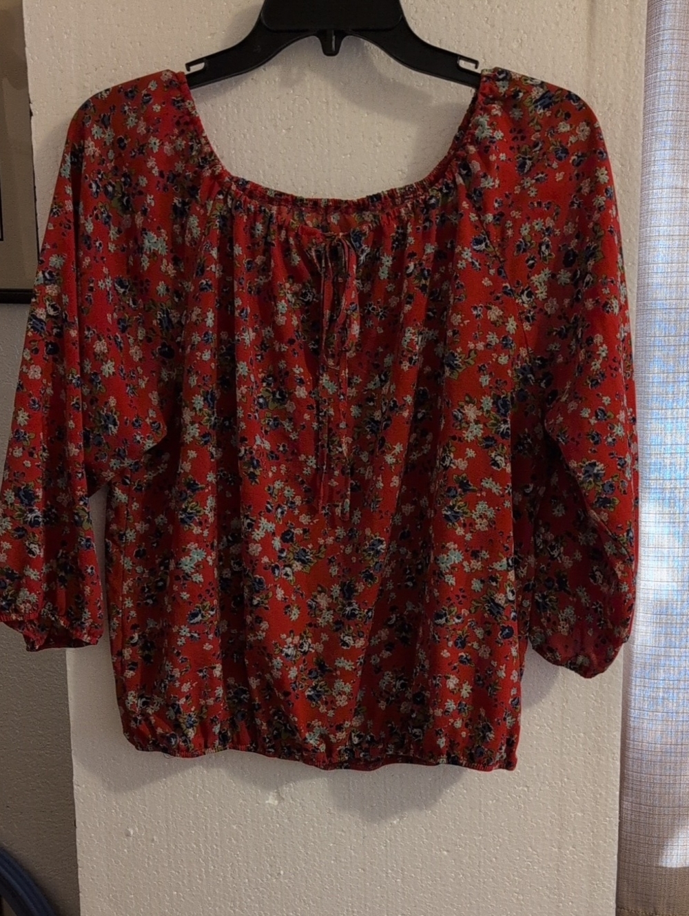Women's Red Floral Peasant Blouse - Boho Off-Shoulder Top